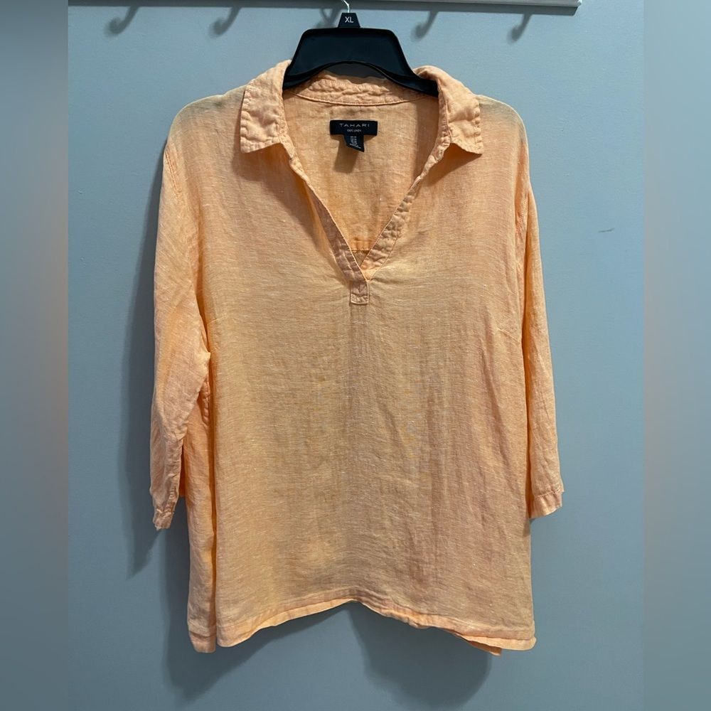 TAHARI Tunic in Orange Coral 100% Linen Blouse- Sz 1X
